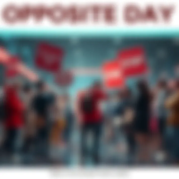 A group of people interacting with signs that change meaning based on Opposite Day rules, illustrating confusion and mixed signals in communication.