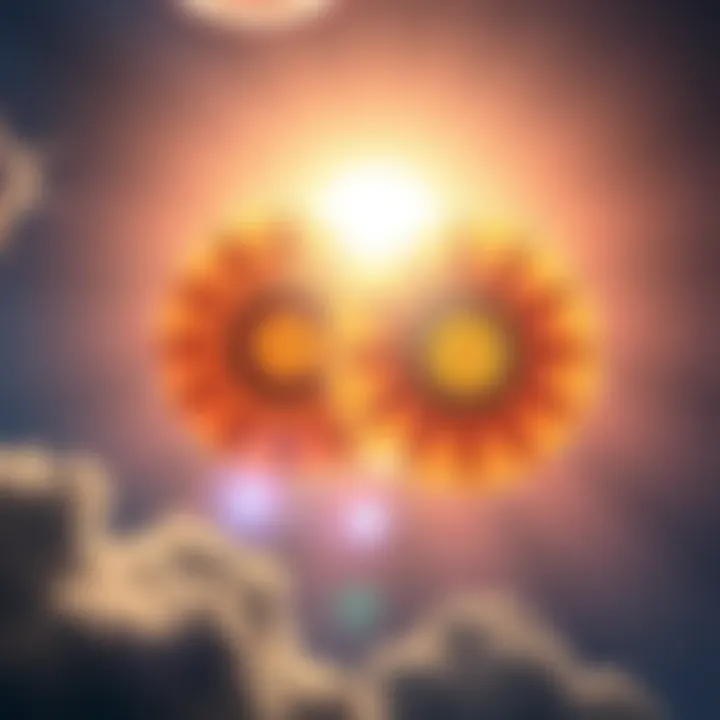 A bright sun symbol representing one astrological sign facing a contrasting sun symbol of its opposite sign, with cosmic elements around them.