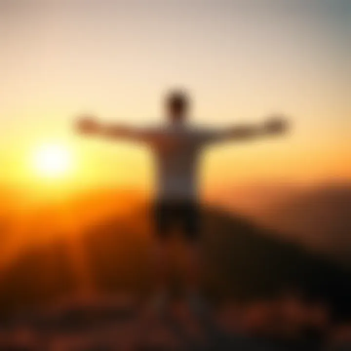 A person standing on a hilltop, arms wide open, facing a bright sunrise symbolizing hope and optimism.