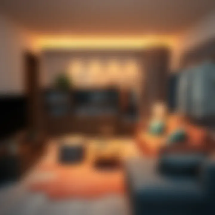 An organized living room showing furniture arranged for easy access and space efficiency, with a wardrobe and clothing rail in the background.