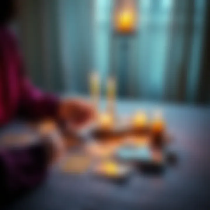 A person conducting an oracle card reading with cards spread out on a table and candles lit