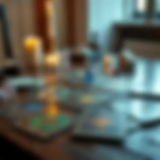 A spread of colorful oracle cards laid out on a wooden table, with a candle and crystals nearby.