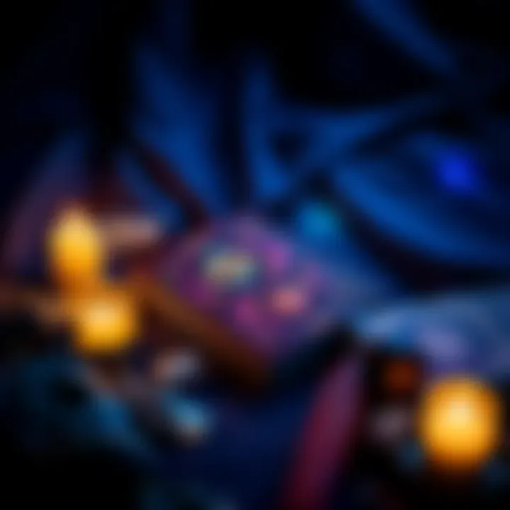 A beginner's oracle card deck laid out on a mystical background A vibrant oracle card deck surrounded by crystals and candles, symbolizing a new journey in divination.