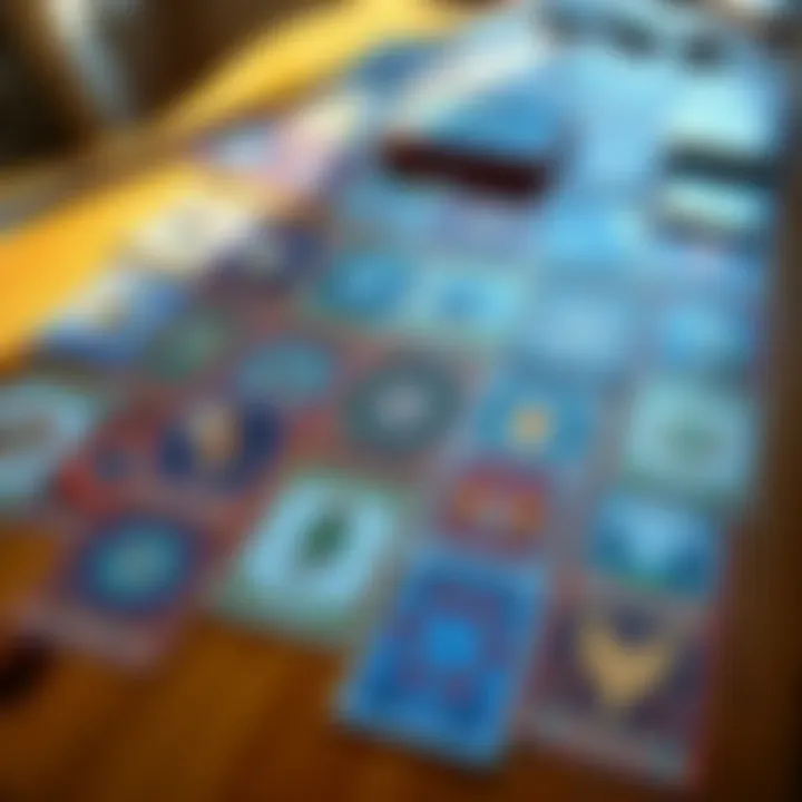 A colorful spread of 16-17 oracle cards laid out on a wooden table, showcasing their unique designs and meanings, with natural light highlighting the details.