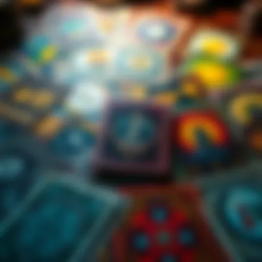A colorful oracle deck spread out with various cards, highlighting symbols and imagery for divination practices.