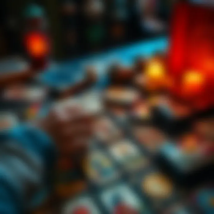 A person selecting an oracle deck from a table filled with colorful tarot cards and oracle decks.