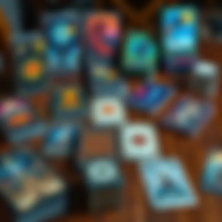 A collection of various oracle decks displayed on a wooden table, emphasizing the appeal of card designs and textures, with some decks featuring celestial themes and artistic illustrations.