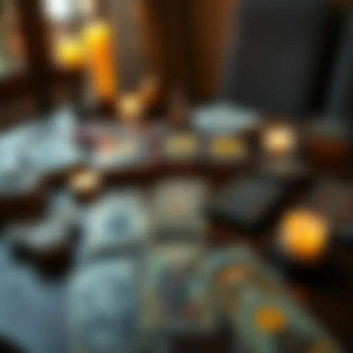 A spread of various oracle decks laid out on a table with candles and crystals