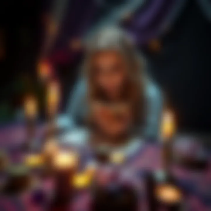 Oracle reading session An experienced witch performing a love oracle reading with tarot cards on a table filled with candles and crystals.