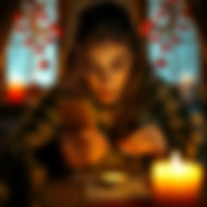 A person receiving an oracle reading, surrounded by tarot cards and candles, focusing on personal growth.