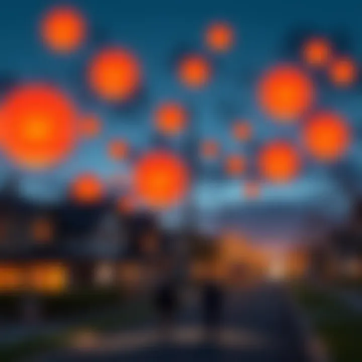 Ten glowing orange plasma orbs flying over a neighborhood with amazed residents watching from below.