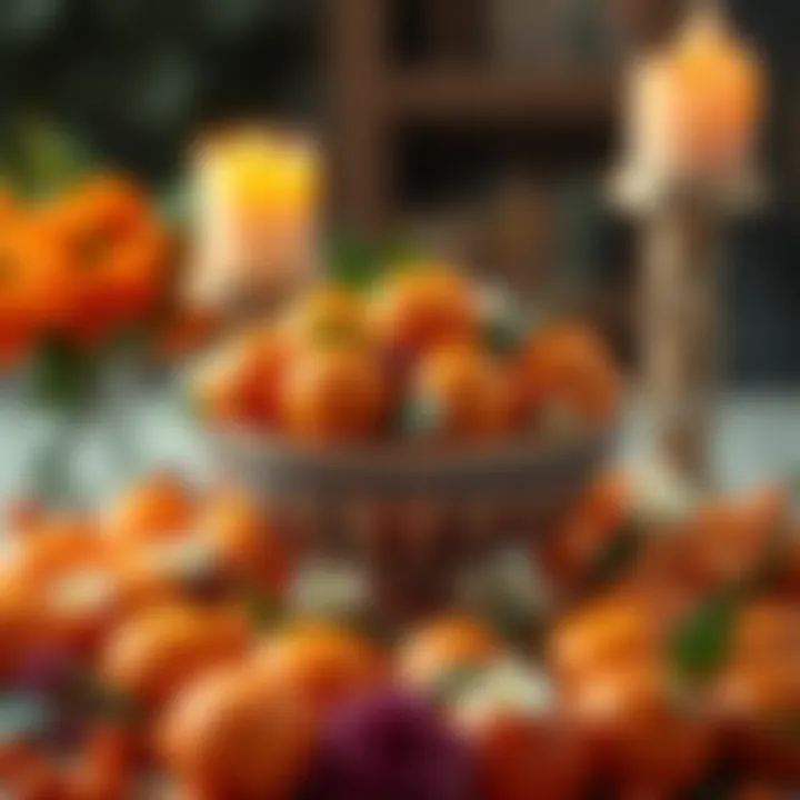 A bowl of vibrant oranges and clementines surrounded by candles and flowers, symbolizing abundance in a spiritual setting.