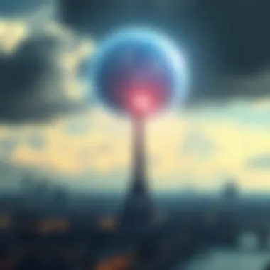 A glowing orb hovering in the sky above Paris, clearing dark clouds and revealing blue skies.