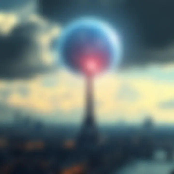 A glowing orb hovering in the sky above Paris, clearing dark clouds and revealing blue skies.