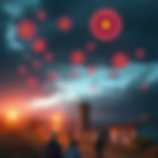 A group of glowing orbs seen in the sky above a village in Albania, with locals looking up in amazement.