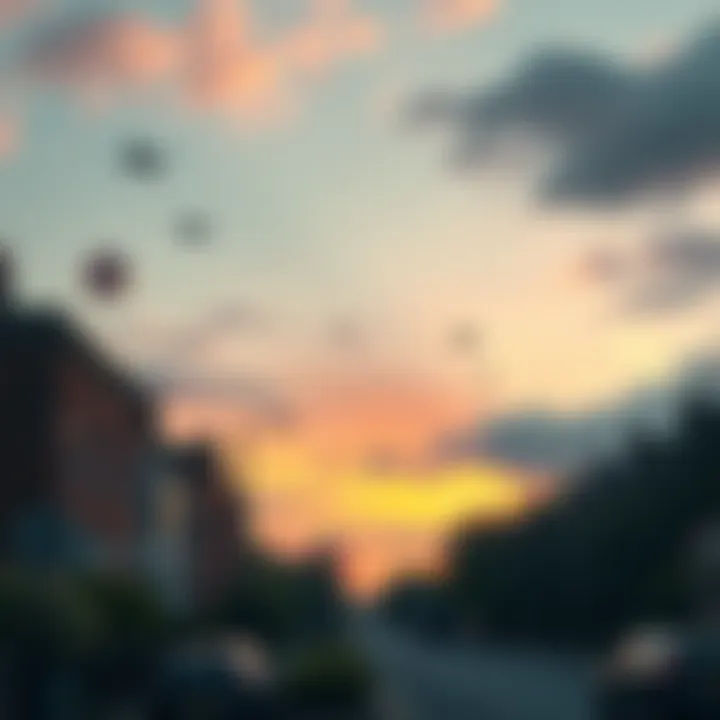 Daylight scene over Parson Green showing orbs and planes in the sky, one orb is uniquely shaped with a multifaceted design.