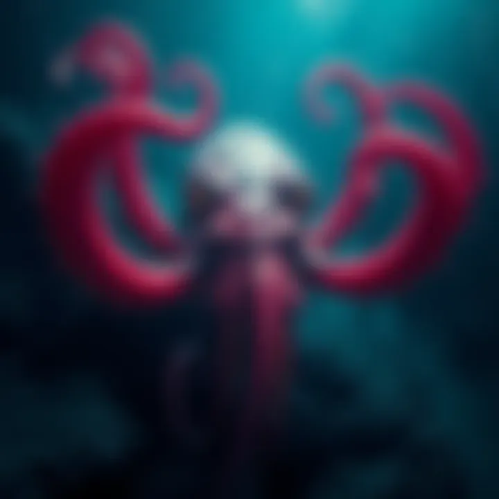 A mysterious creature resembling a large squid with multiple limbs, lurking in dark icy waters, hinting at its cryptid status.