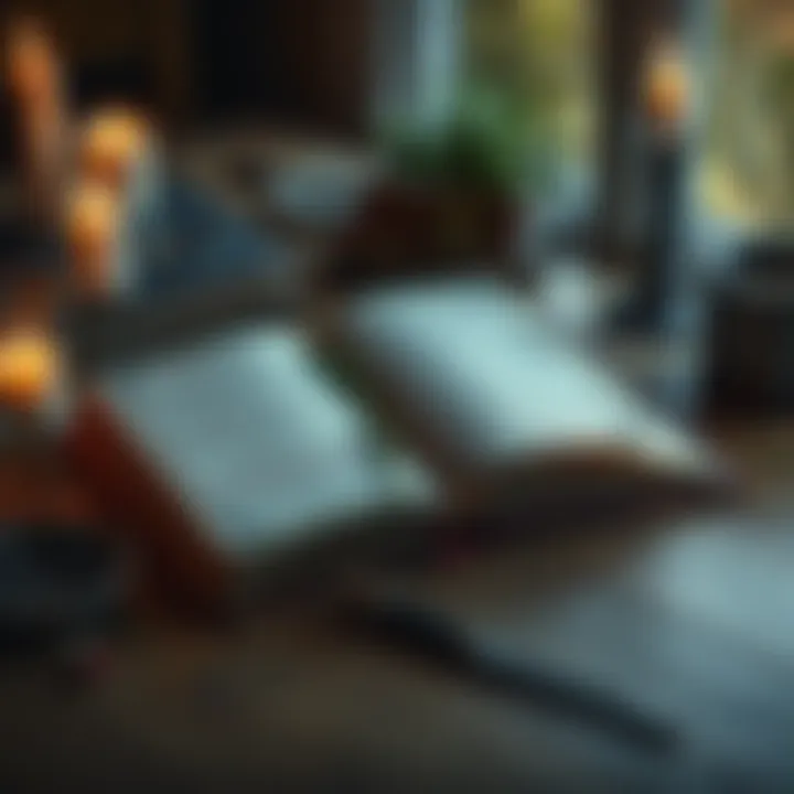 A neatly arranged grimoire open on a wooden table, featuring handwritten notes, herbs, and candles around it.