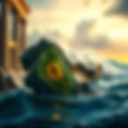 A shiny metallic piece representing Orichalcum, set against a backdrop of ancient ruins and ocean waves, symbolizing the lost city of Atlantis.