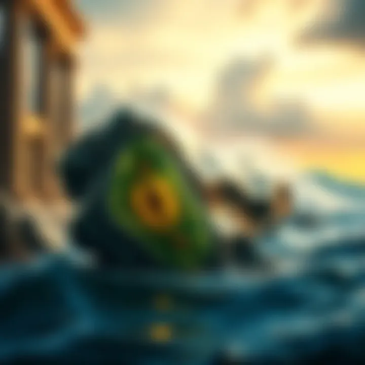 A shiny metallic piece representing Orichalcum, set against a backdrop of ancient ruins and ocean waves, symbolizing the lost city of Atlantis.