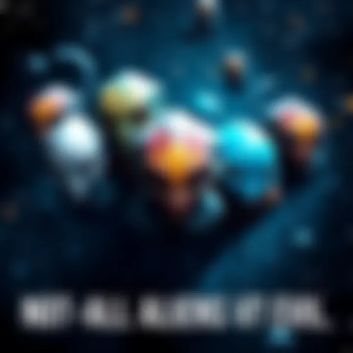 A group of Orion aliens with diverse appearances floating in a starry space background, showcasing a variety of expressions, some looking friendly while others appear neutral.