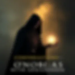 A dark figure representing Orobas in a shadowy background, with a glowing orb symbolizing knowledge about Armageddon.