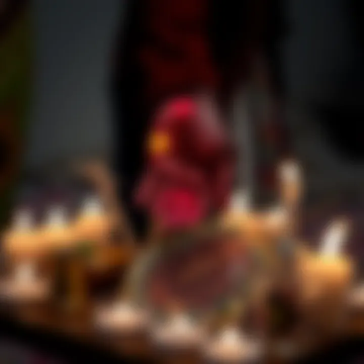 A close-up of Orula's hand symbol with vibrant colors, surrounded by candles and offerings, representing community tradition and support.