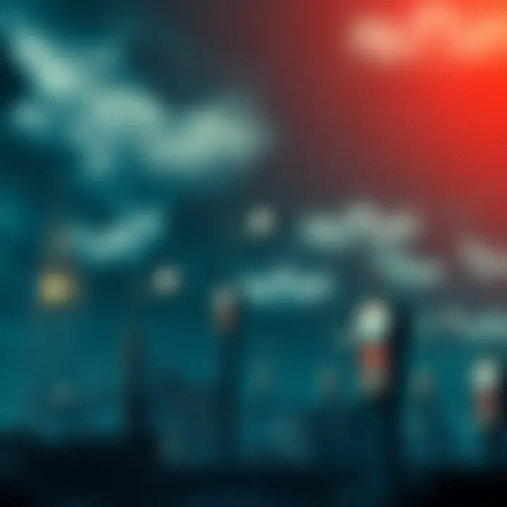 Orwellian cityscape A dark city skyline with propaganda posters and distorted clocks, symbolizing altered reality and control.