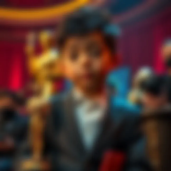 A photoshoot at The Oscars featuring a kid actor with unusual props and references related to the Wayfair trafficking theory.