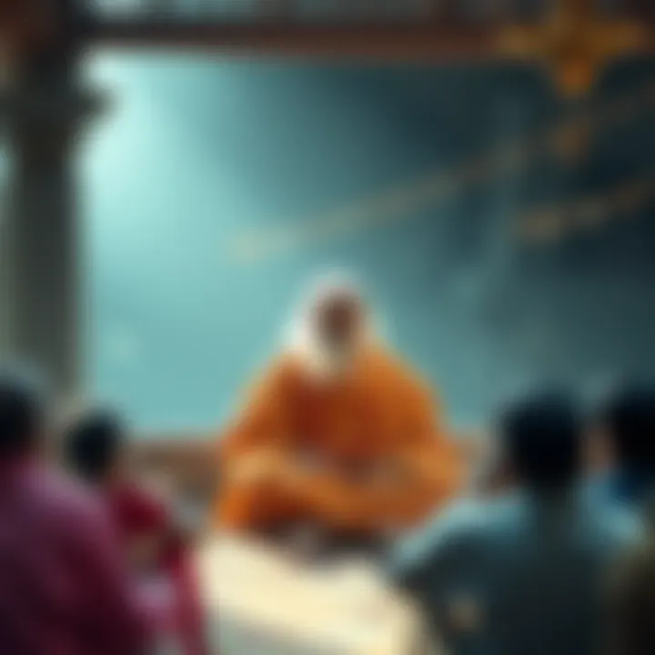 Osho engaged in a deep discussion about the Bhagavad Gita and Ashtavakra Geeta, surrounded by listeners in a serene setting