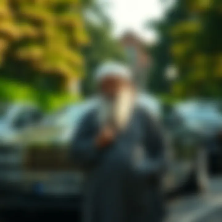 Osho stands in front of a row of Rolls-Royce cars, surrounded by lush greenery, symbolizing luxury and ambition.