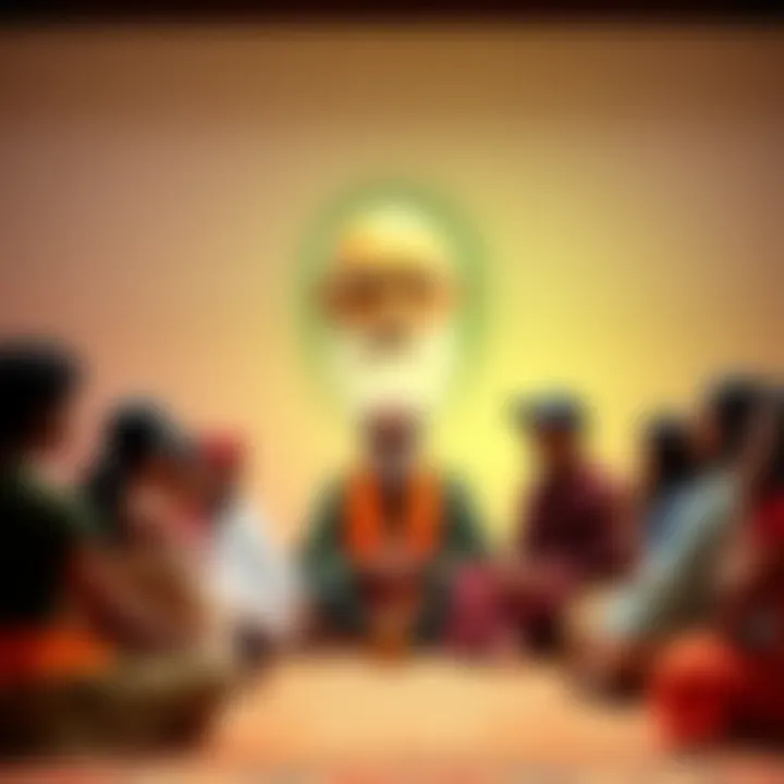 A group of diverse individuals engaged in meditation and discussion, with a portrait of Osho in the background, symbolizing the blend of his teachings with bhakti practices.