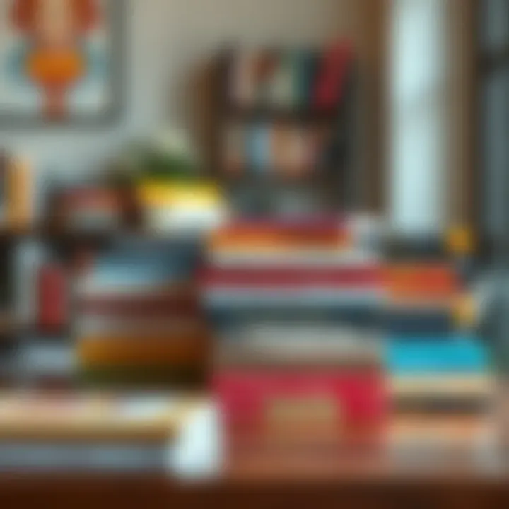 A collection of Osho books stacked on a wooden table, showcasing their colorful covers and titles, inviting readers to explore spirituality and self-discovery.