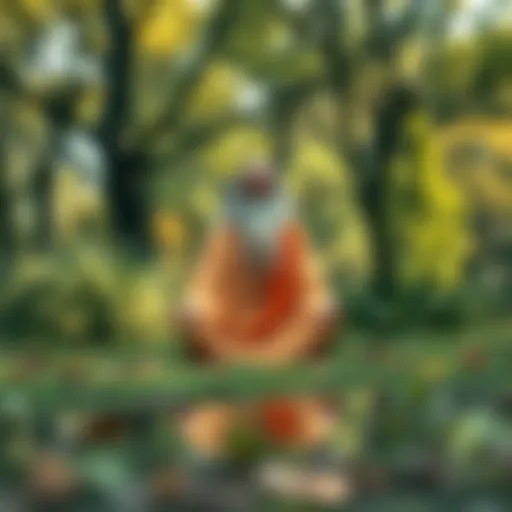 A serene scene of Osho sitting cross-legged in a peaceful outdoor setting, surrounded by trees and greenery, reflecting a calm and loving presence.