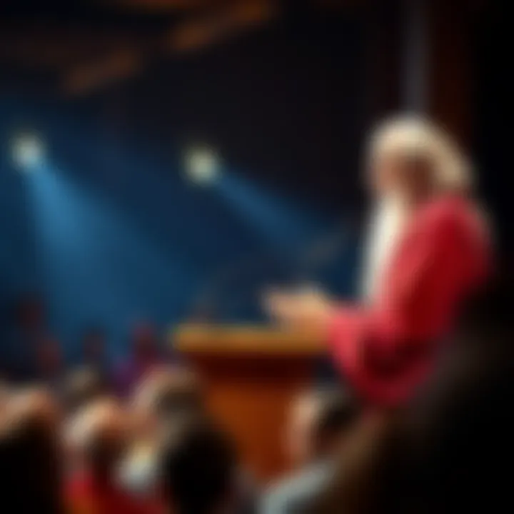 Osho speaking at a podium Osho engaging with an audience, sharing humor and philosophy during a talk