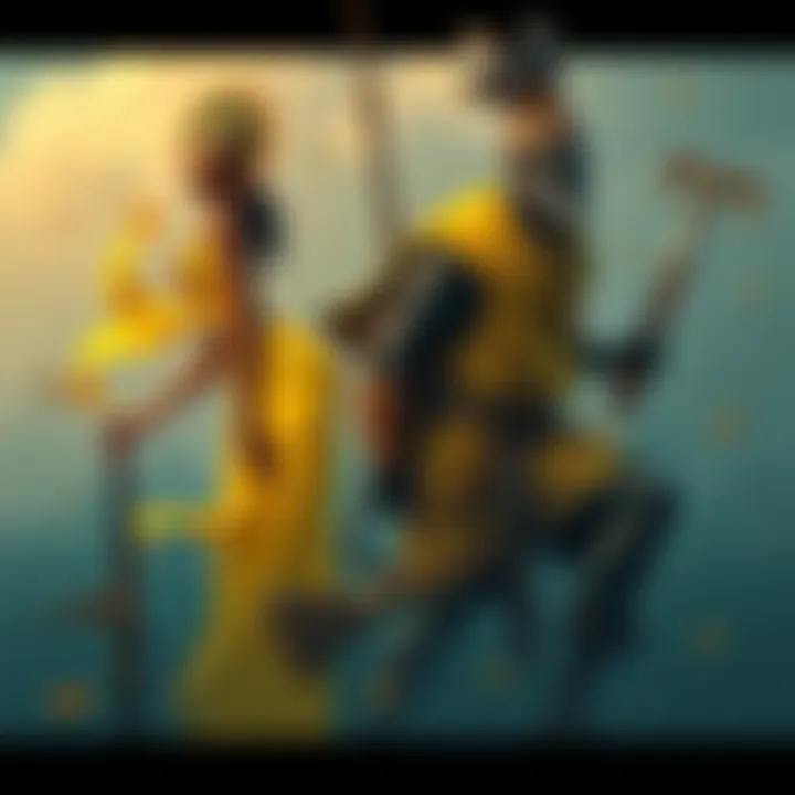 Oshun, depicted with flowing yellow and gold colors, stands beside Ogun, who is shown with tools representing strength and industry. They are surrounded by nature, symbolizing their connection to the earth and spirituality.