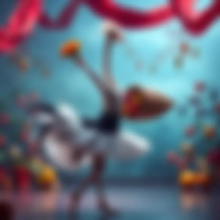 An elegant ostrich ballerina gracefully presenting a cornucopia filled with colorful fruits in a whimsical dance scene.