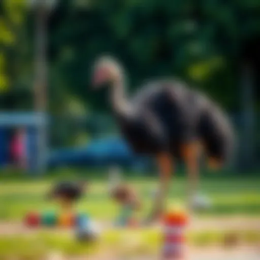 An ostrich mimicking human behavior by playing with toys in a park setting.