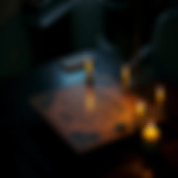 A Ouija board with candles lit around it, set on a dimly lit table creating a mysterious atmosphere