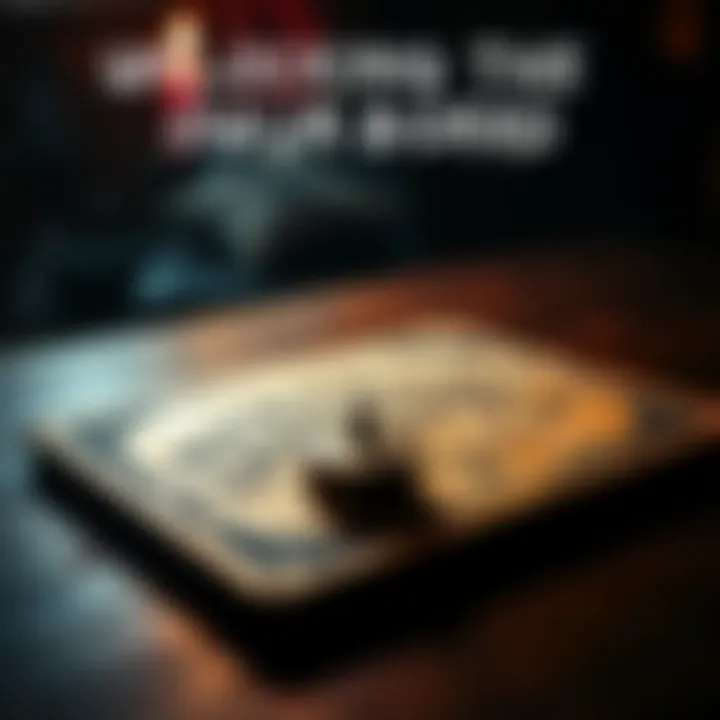 A Ouija board with a planchette resting on it, set up for a solo session in a dimly lit room