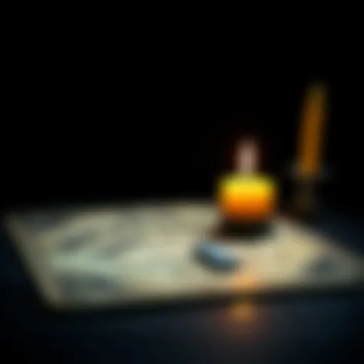 A Ouija board with a planchette and a candle lit beside it, set against a dark background