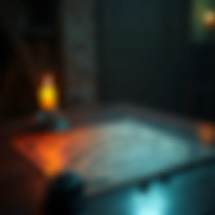 A Ouija board placed on a table with a candle glowing beside it, creating a mysterious atmosphere
