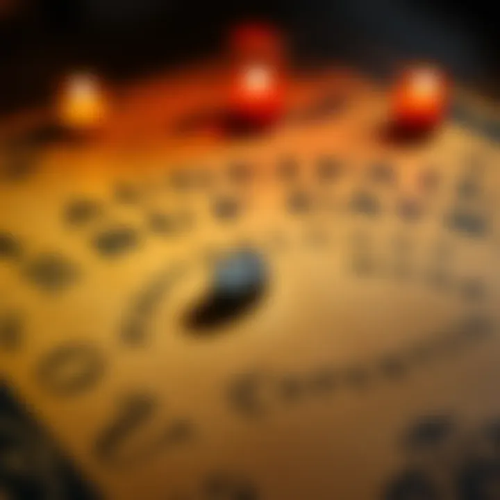 Ouija Board with Planchette Close-up of a Ouija board with the planchette positioned over the letters