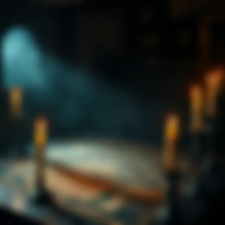 A dimly lit room with a Ouija board and flickering candles, suggesting a séance atmosphere