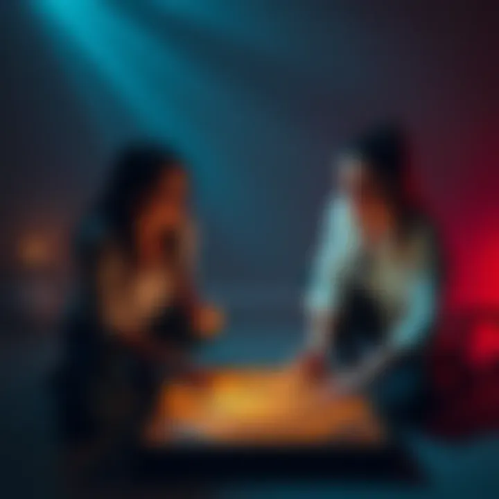 Friends using ouija board at night Two friends kneeling around a lit ouija board in a dimly lit room, looking shocked as shadows loom around them