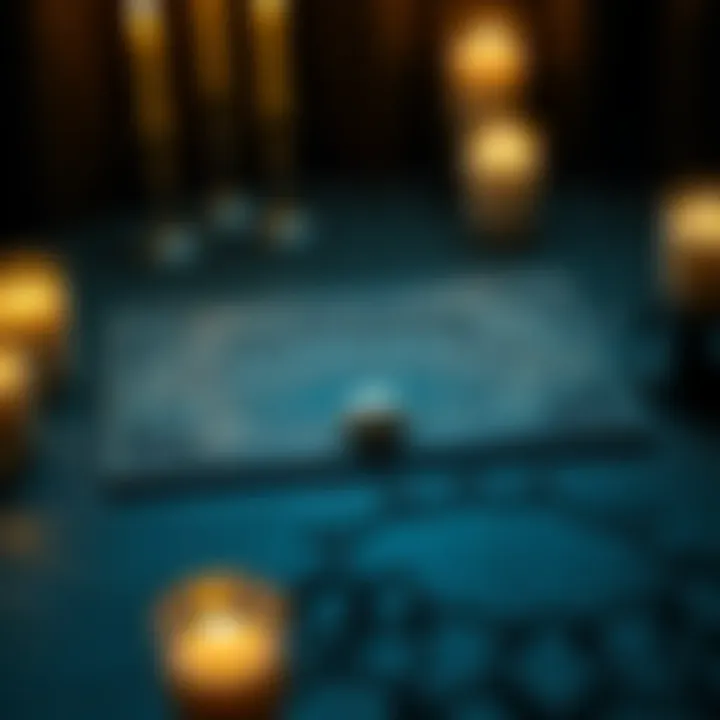 A wooden Ouija board with a planchette placed on a dark table surface, surrounded by candles that create a spooky atmosphere.