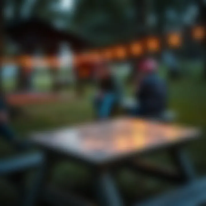 A ouija board placed on a picnic table in a park, surrounded by trees and grass, with people sitting nearby in curiosity.