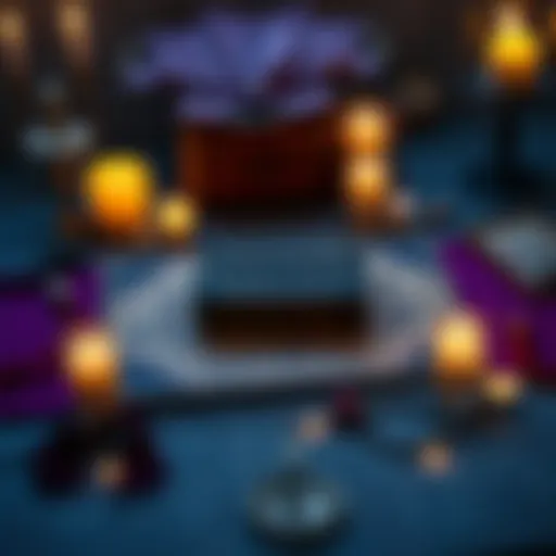 A Ouija board laid out with a planchet on top, surrounded by candles and decorative elements, illustrating its spooky yet playful nature.