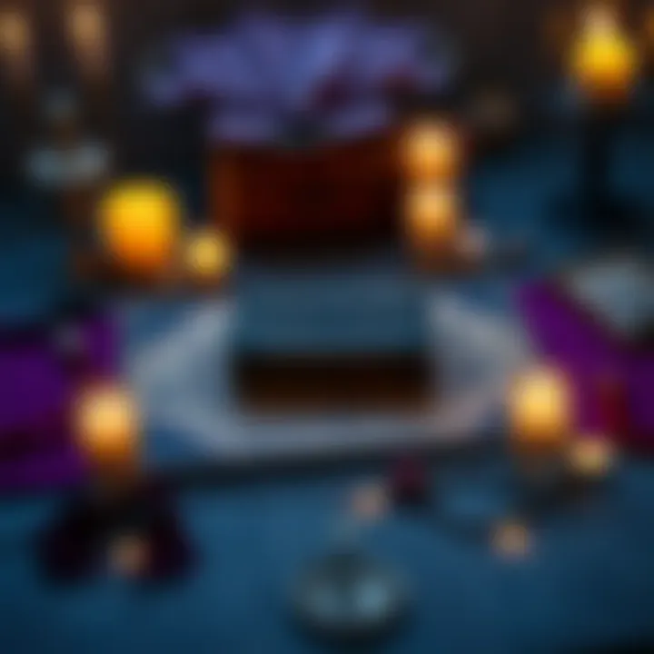 A Ouija board laid out with a planchet on top, surrounded by candles and decorative elements, illustrating its spooky yet playful nature.