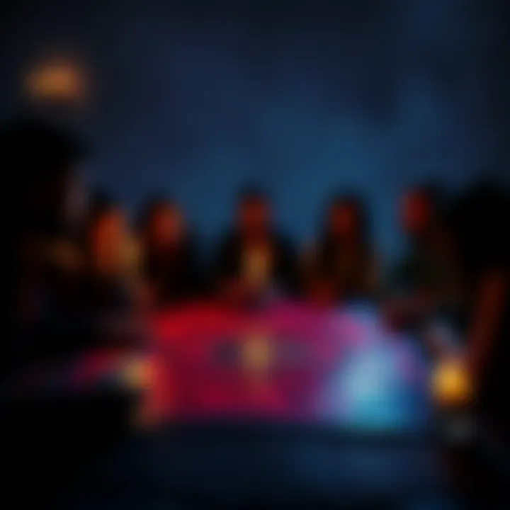 A group of people gathered around a Ouija board, with candles flickering and an eerie atmosphere creating a sense of curiosity and fear.